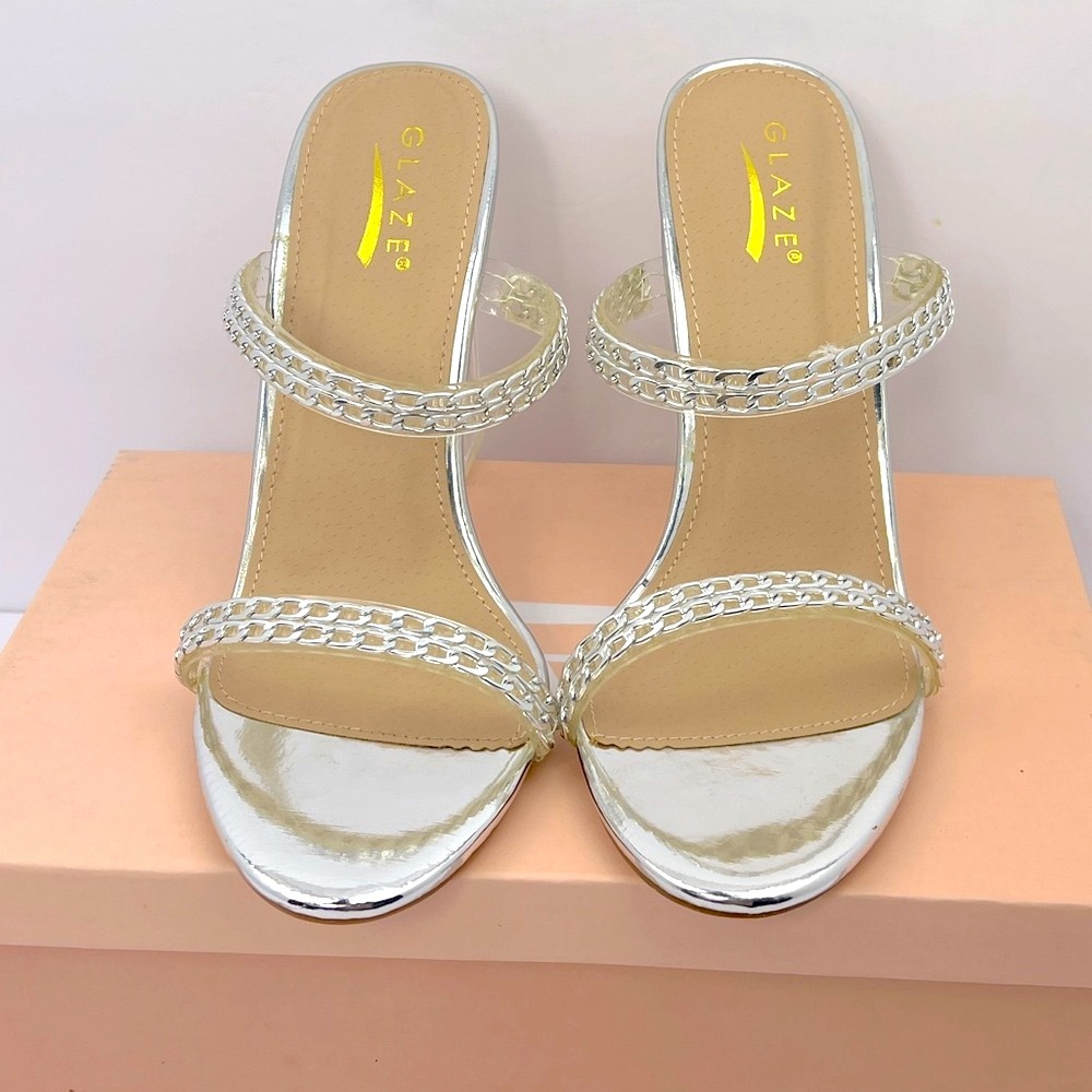 GLAZE SILVER CHAIN STRAPPY SANDALS, ALL MAN-MADE MATRIAL, WOMEN’S SIZE 10 - Picture 3 of 17